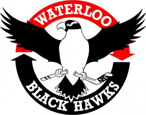 Black and Red Waterloo Blackhawks logo with black hawk in the middle